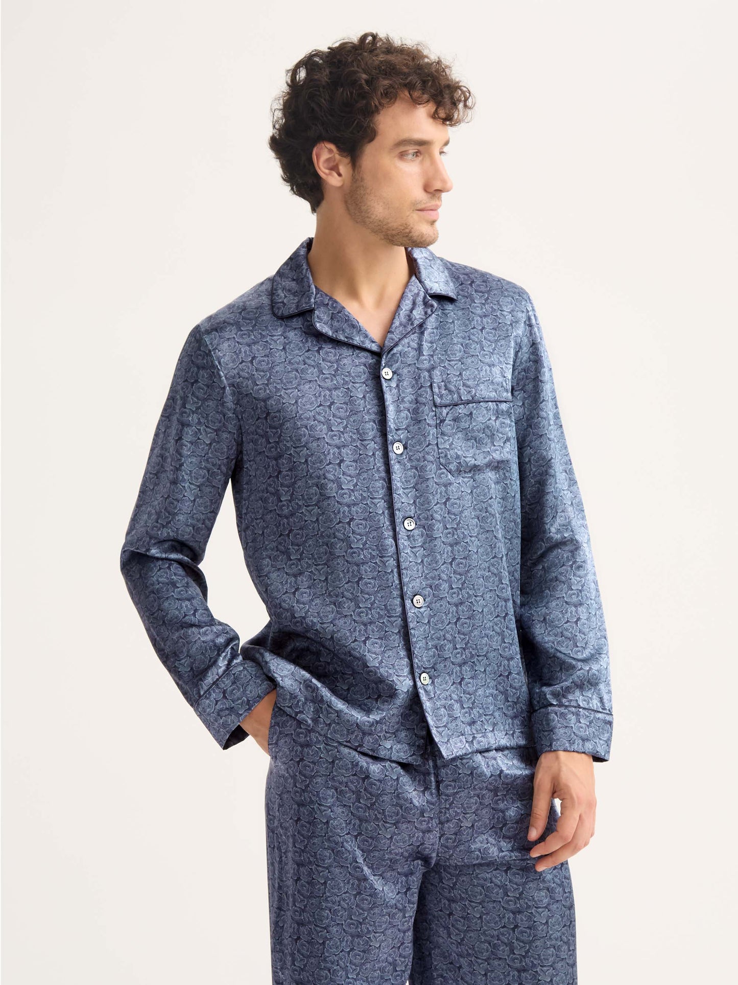Men's Silk Pyjamas Navy Blue Rose
